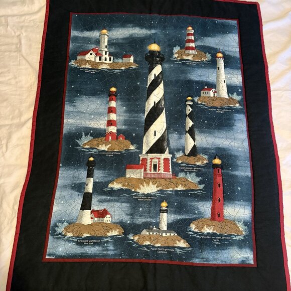 Hand Quilted Panel Theme of Lighthouses, Finished, 40” x 31” w/ Rod Pocket - Picture 1 of 10
